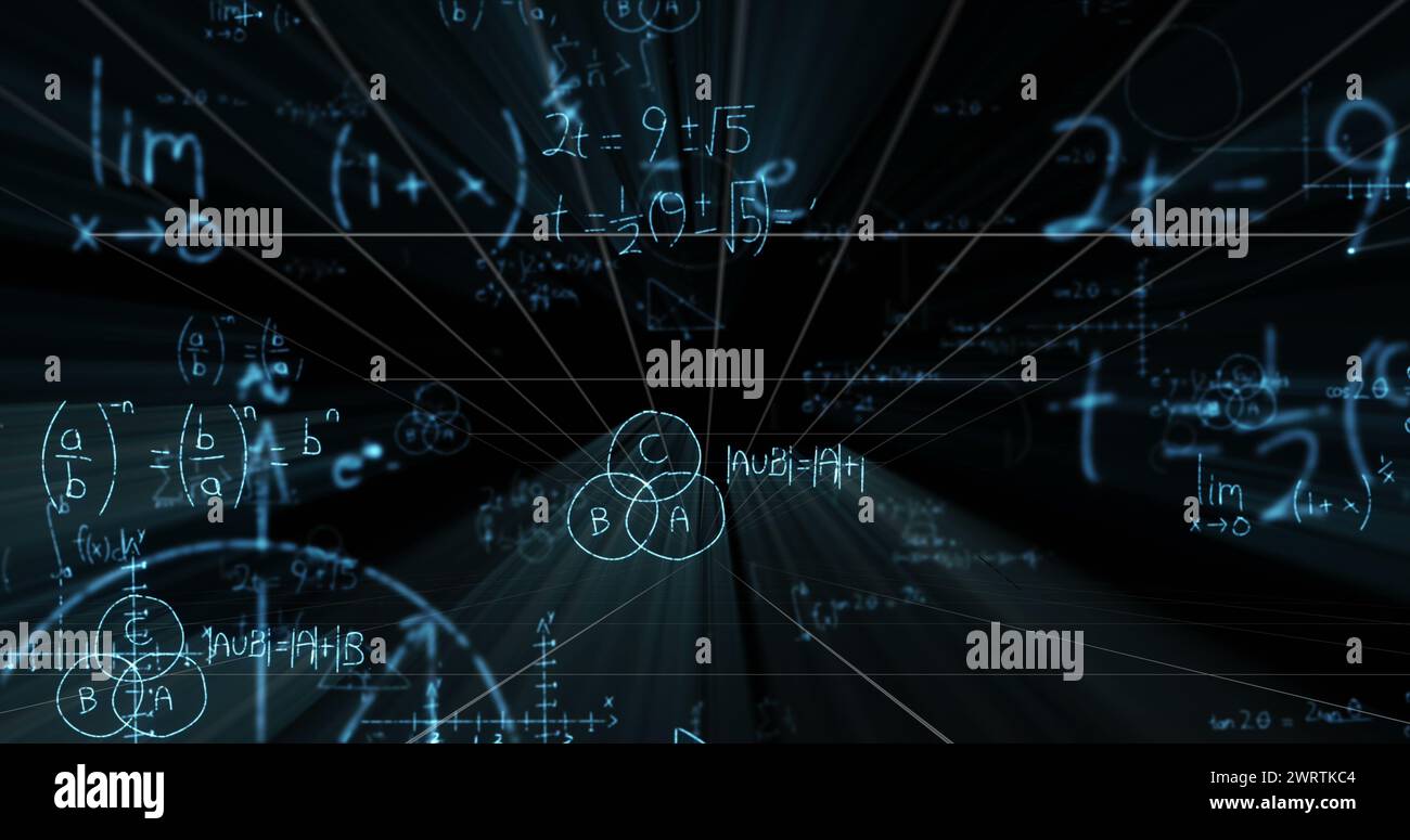 Image de l'écran numérique avec des formules mathématiques sur fond noir Banque D'Images