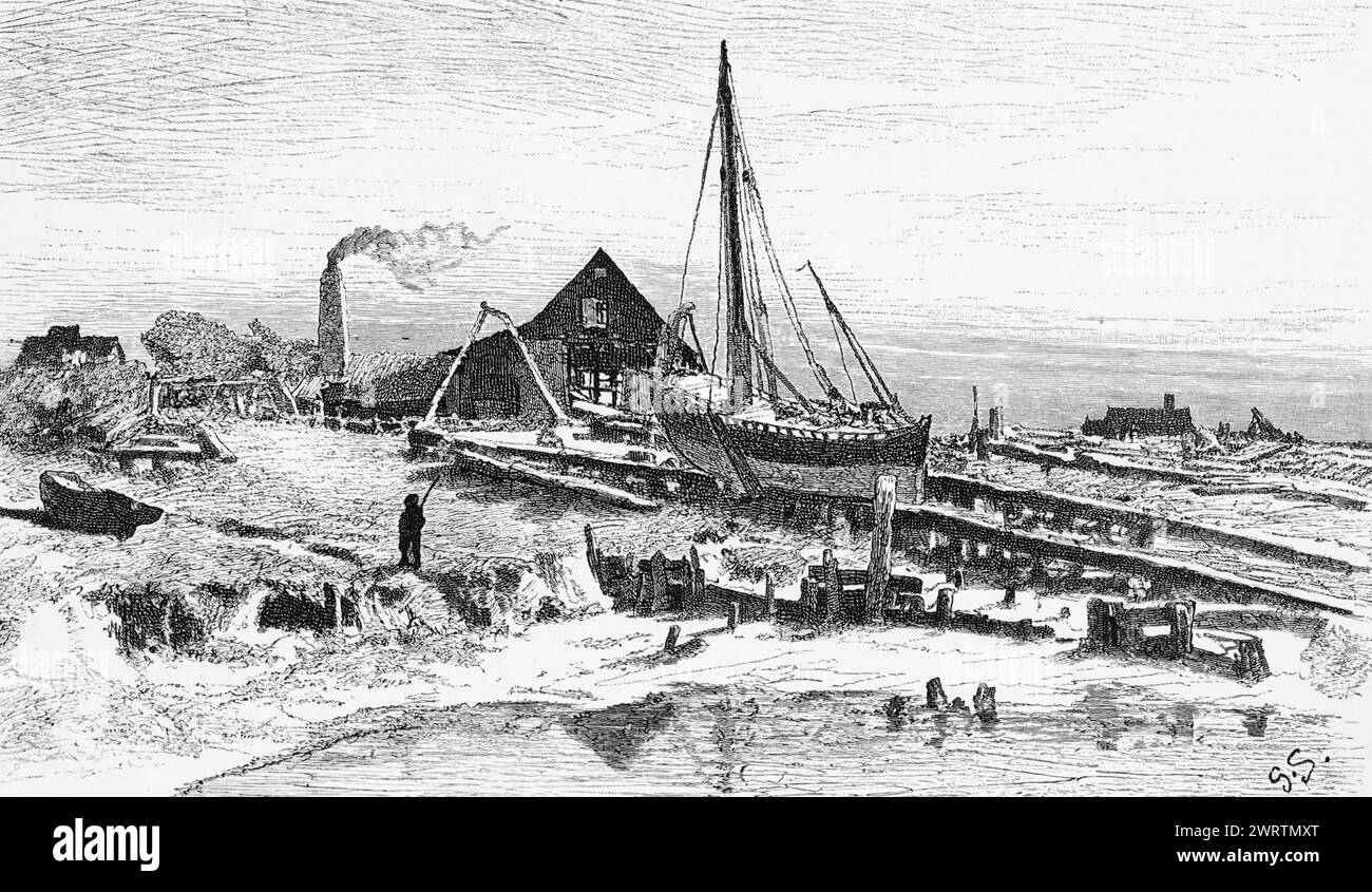 Chantier naval sur les EMS, Frise orientale, basse-Saxe, rivière, bateau, constructeur naval, réparation, planches, planches, monomaître, cheminée, fumée, bâtiment Banque D'Images