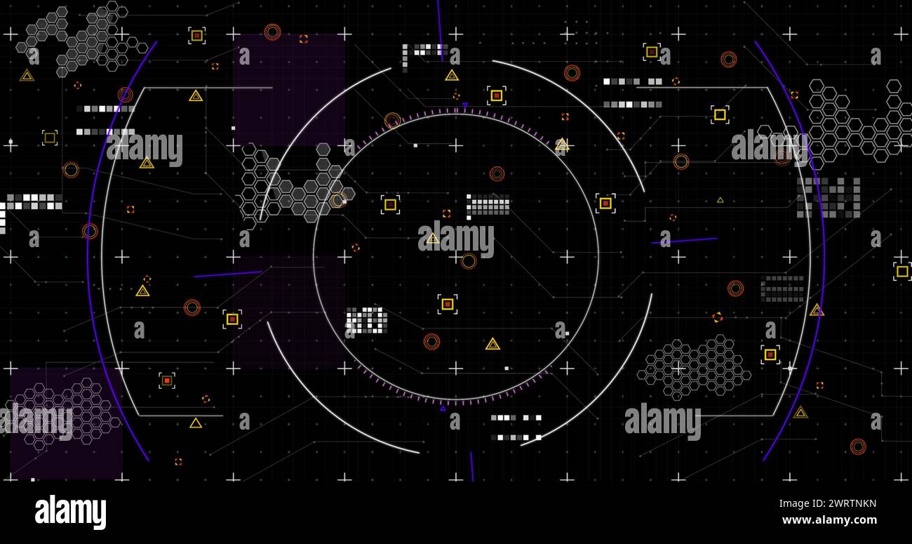Image de l'oscilloscope, des marqueurs et du traitement des données sur fond noir Banque D'Images