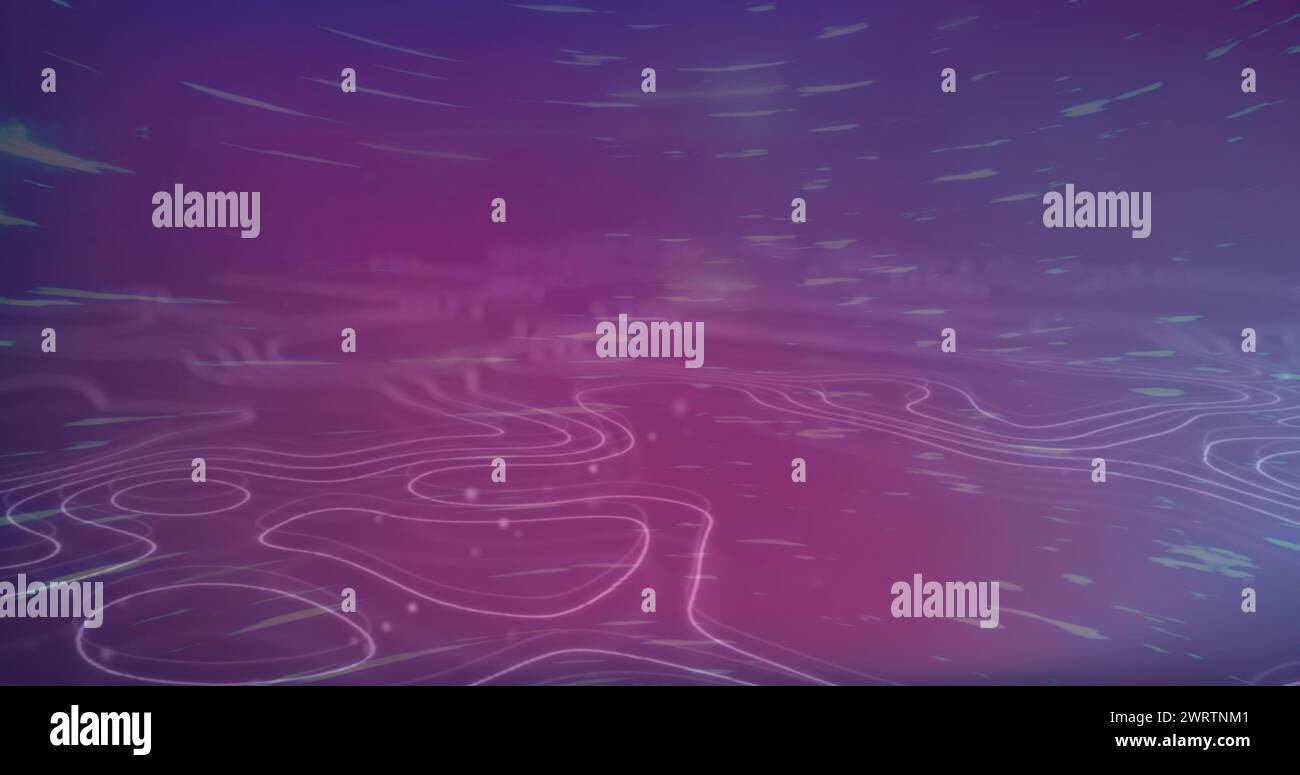 Topographie et traînées de lumière tournant sur fond dégradé violet avec espace de copie Banque D'Images