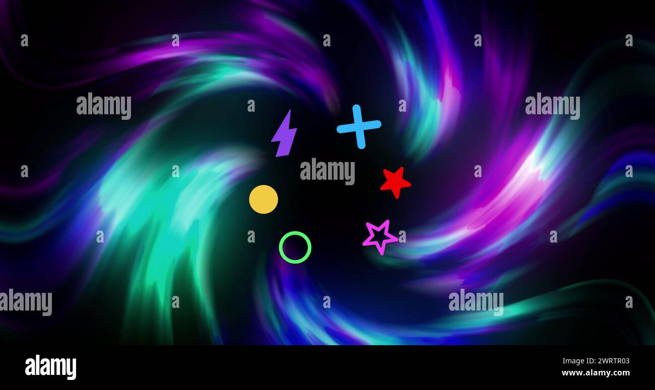 Image de formes colorées sur des traînées de lumière sur fond noir Banque D'Images