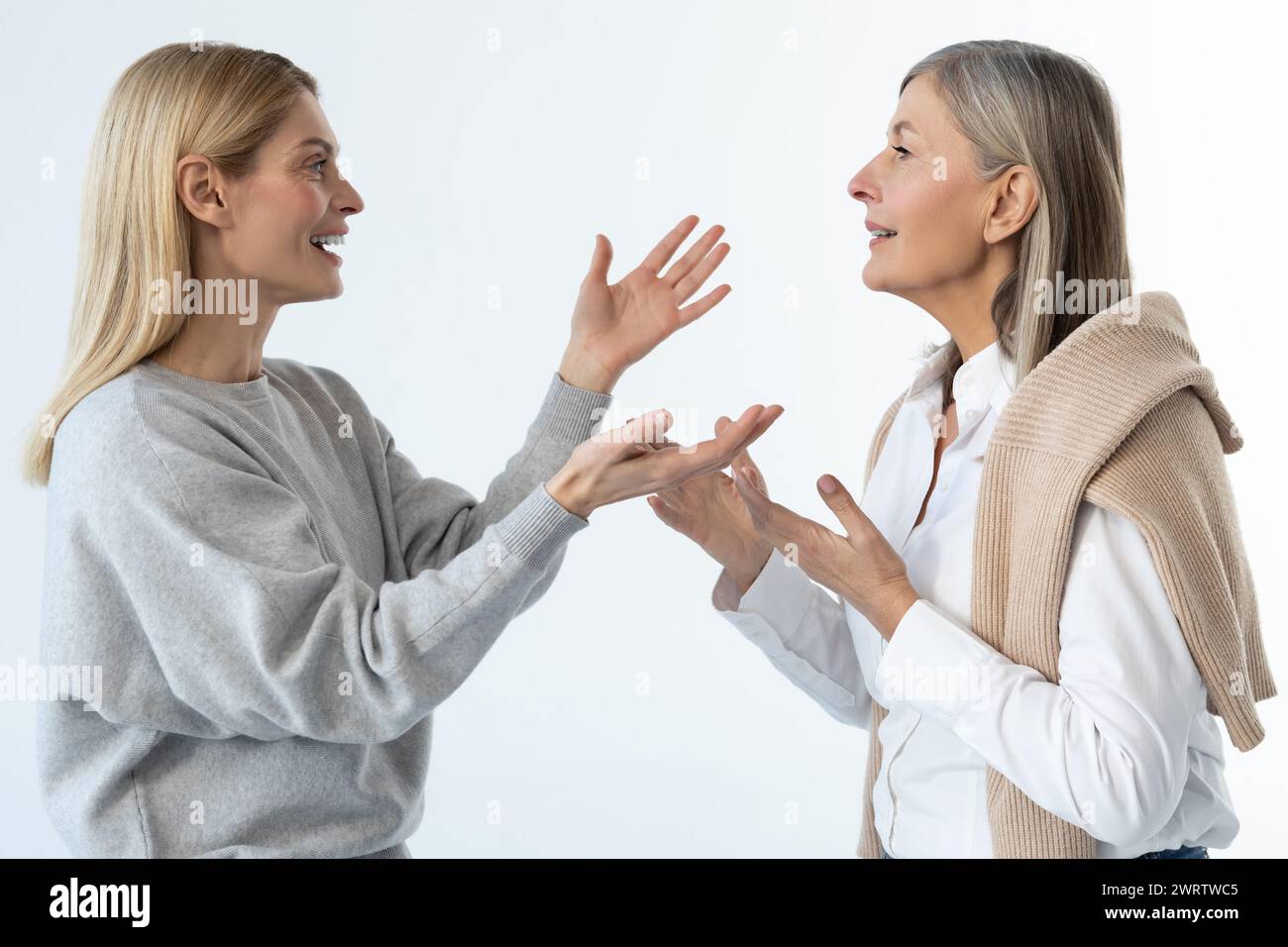Maman et fille gesticulant et discutant de quelque chose de très émotionnel Banque D'Images