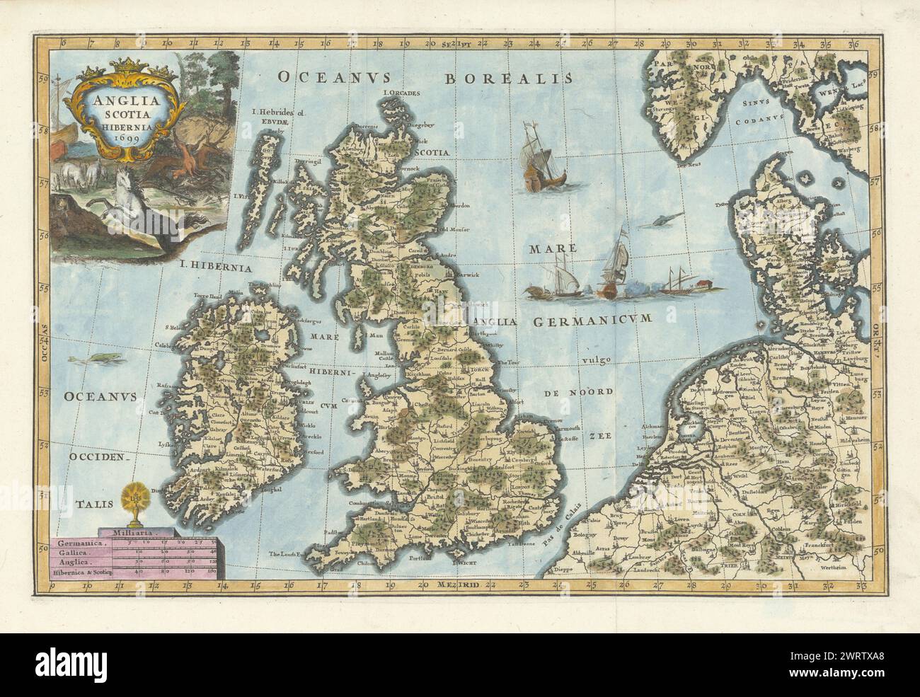 Anglia Scotia Hibernia 1699 par Heinrich Scherer. Îles Britanniques 1703 ancienne carte Banque D'Images
