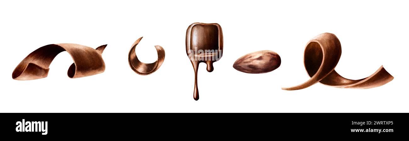 Ensemble aquarelle de tranches de chocolat, barre de chocolat fondu et fèves de cacao. Dessiné à la main enroulé doux délicieux illustration réaliste isolé sur Banque D'Images