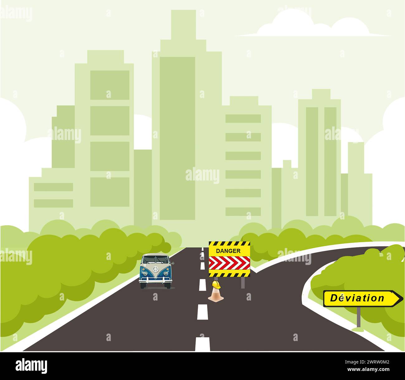 Panneau de signalisation français : détour, route bloquée, travaux routiers et bâtiments en arrière-plan Banque D'Images