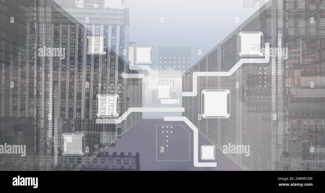 Image d'un réseau de connexions sur la salle des serveurs informatiques contre des bâtiments élevés Banque D'Images