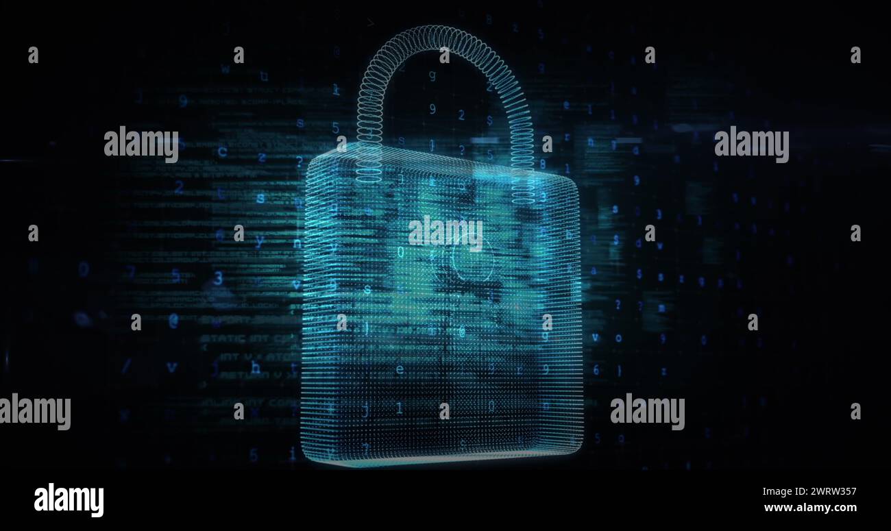 Image d'un avertissement de cyber-attaque et d'un cadenas sur des silhouettes de personnes dans la salle des serveurs Banque D'Images