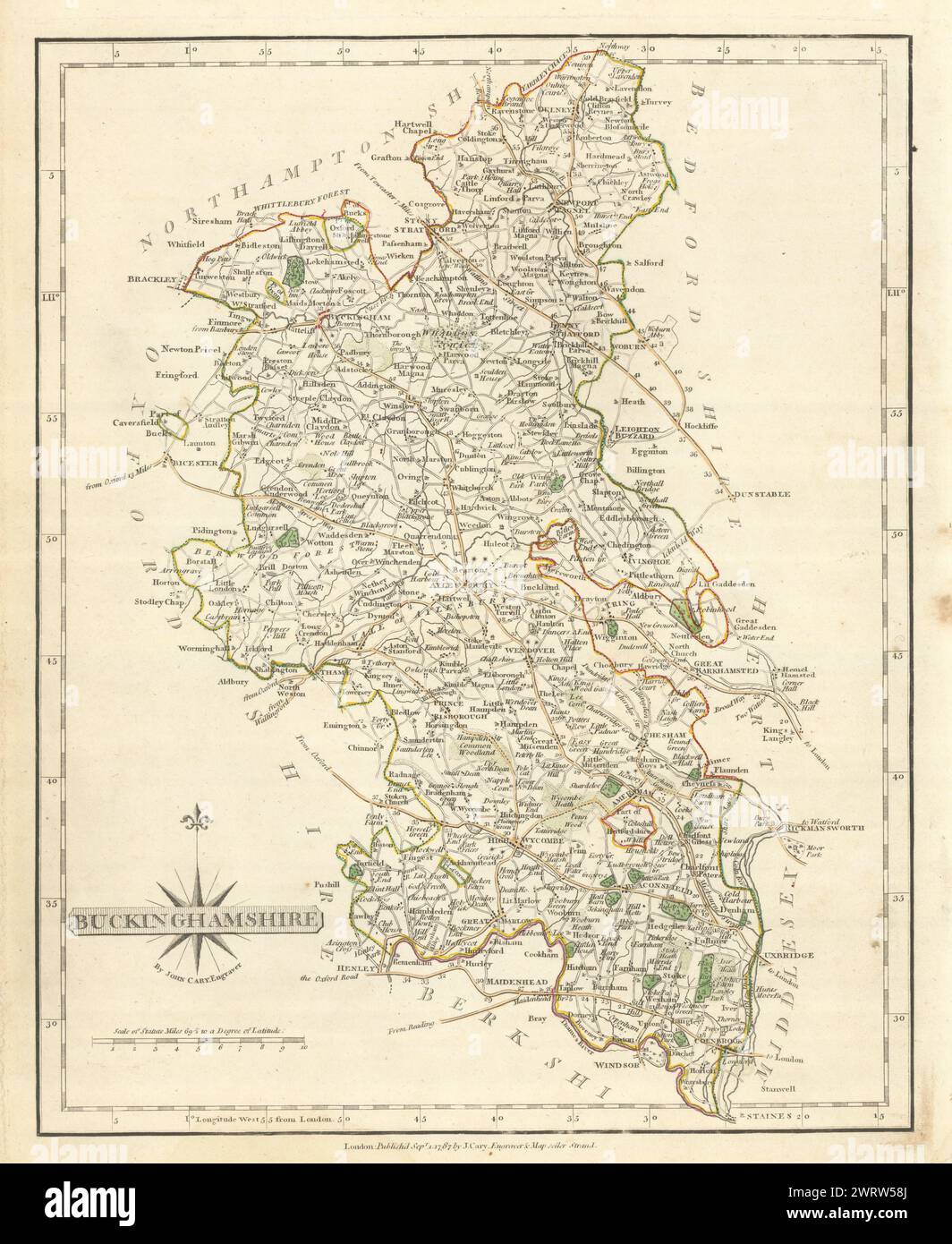 Carte du comté de Buckinghamshire antique par JOHN CARY. Couleur de contour original 1793 Banque D'Images