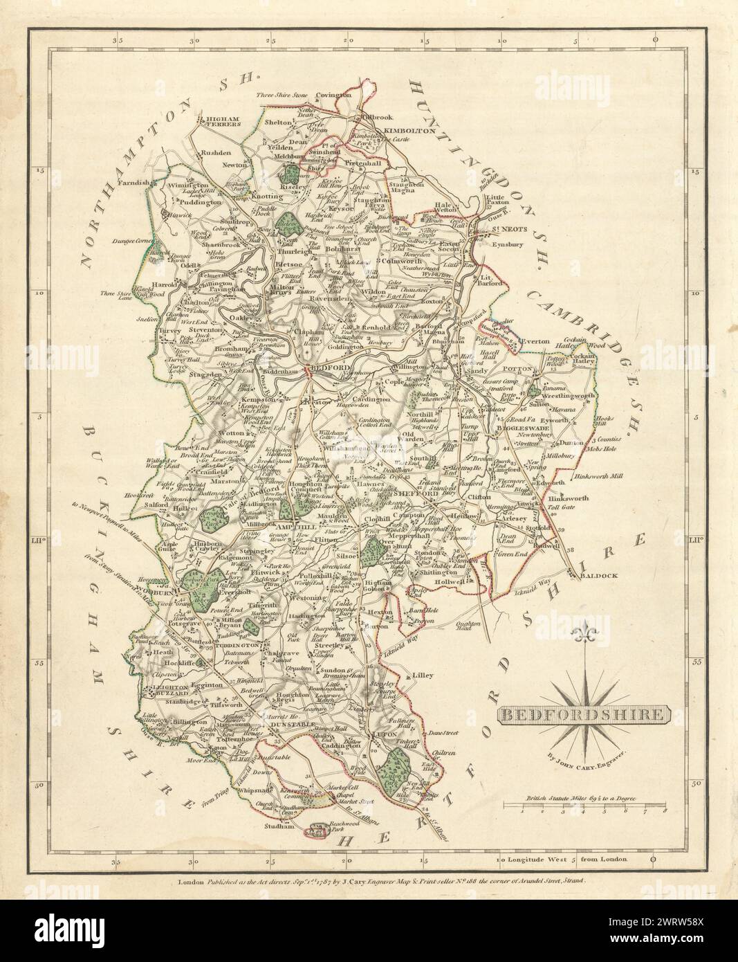 Carte du comté de Bedfordshire antique par JOHN CARY. Couleur de contour original 1793 Banque D'Images