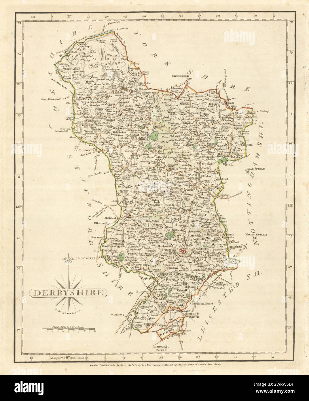 Carte du comté de Derbyshire antique par JOHN CARY. Couleur de contour original 1793 Banque D'Images