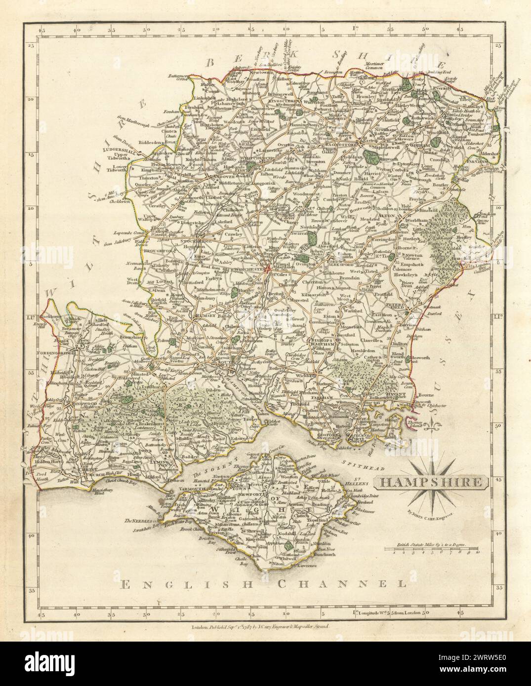 Carte du comté de Hampshire antique par JOHN CARY. Couleur de contour original 1793 Banque D'Images