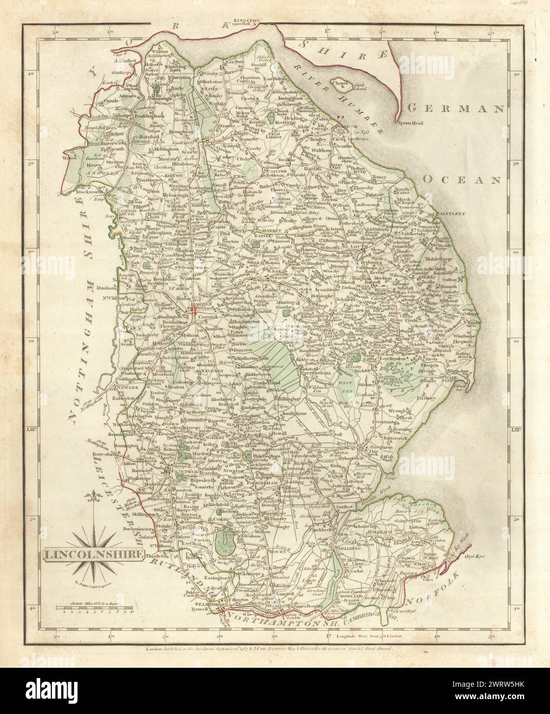 Carte du comté de LINCOLNSHIRE Antique par JOHN CARY. Couleur de contour original 1793 Banque D'Images