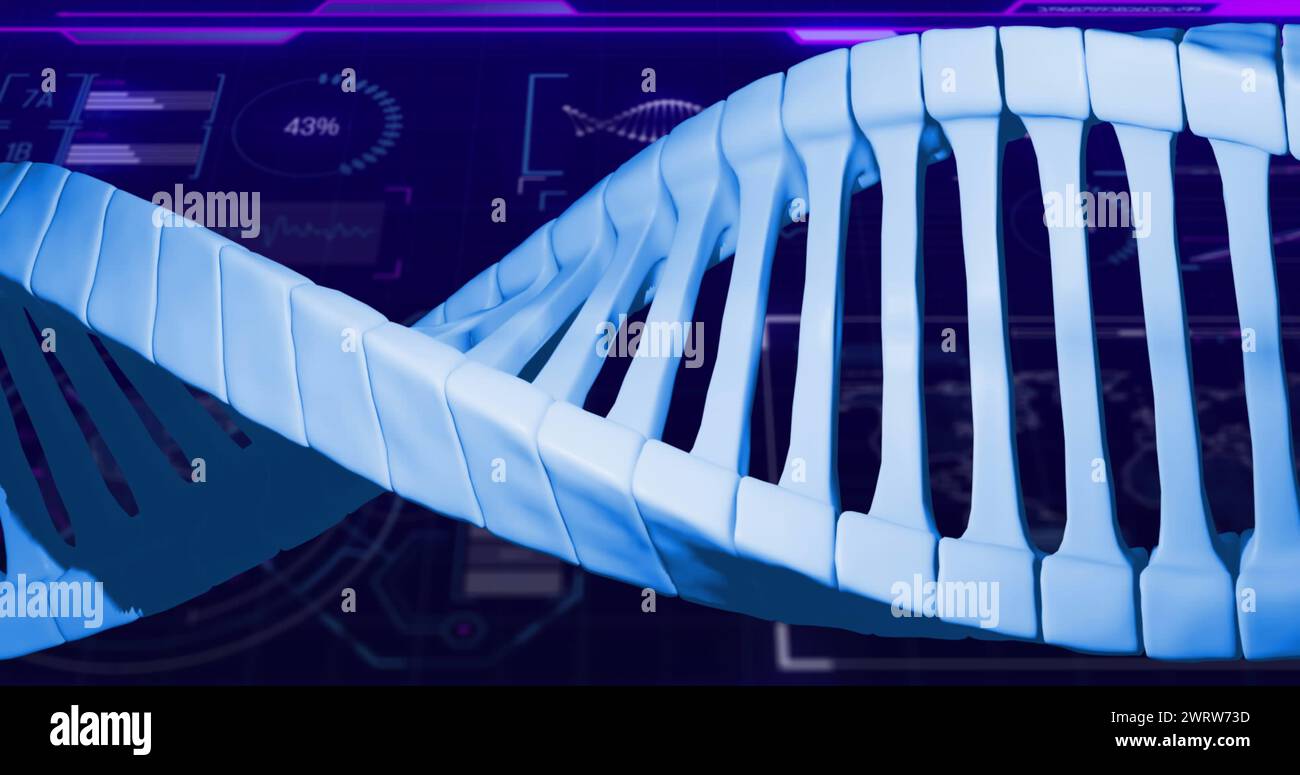 Image du brin d'adn sur le traitement des données sur fond noir Banque D'Images