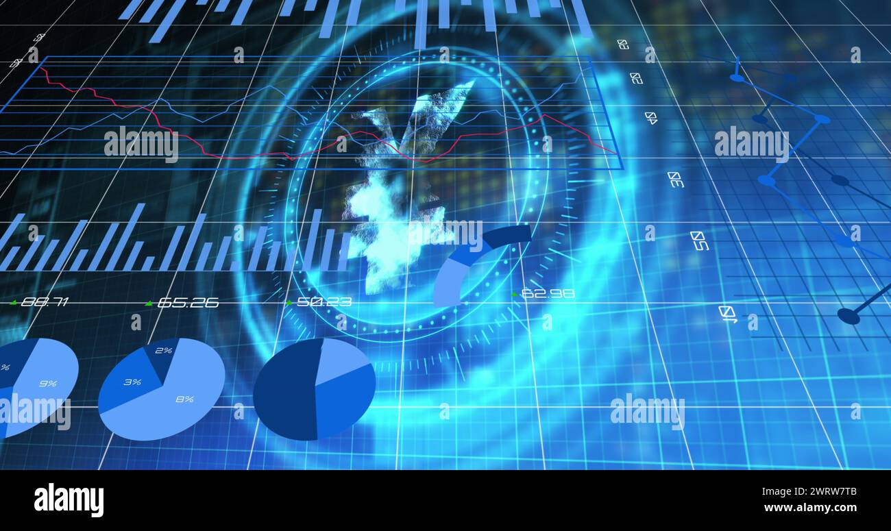 Image du traitement des données financières sur le balayage de l'oscilloscope avec le symbole yen sur fond noir Banque D'Images