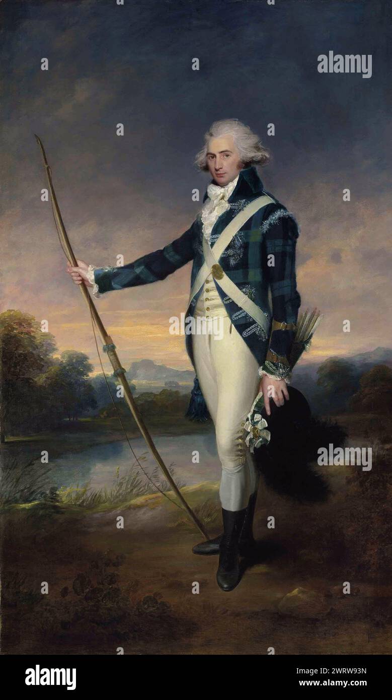 George Douglas, 16e comte de Morton, K.T. (1761-1827), dans la robe de la Royal Company of Archers, tenant un arc-en-long et une casquette blanche à plumes noires, à Holyrood Park, avec le Loch de Duddingston et le château d'Édimbourg au-delà. Banque D'Images