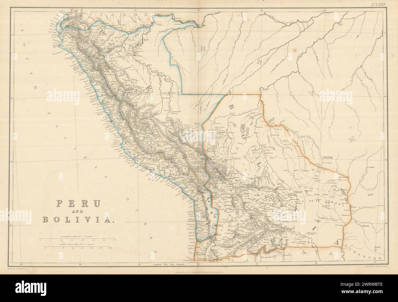 Pérou et Bolivie (avec litoral) par Joseph Wilson Lowry 1860 carte ancienne ancienne Banque D'Images