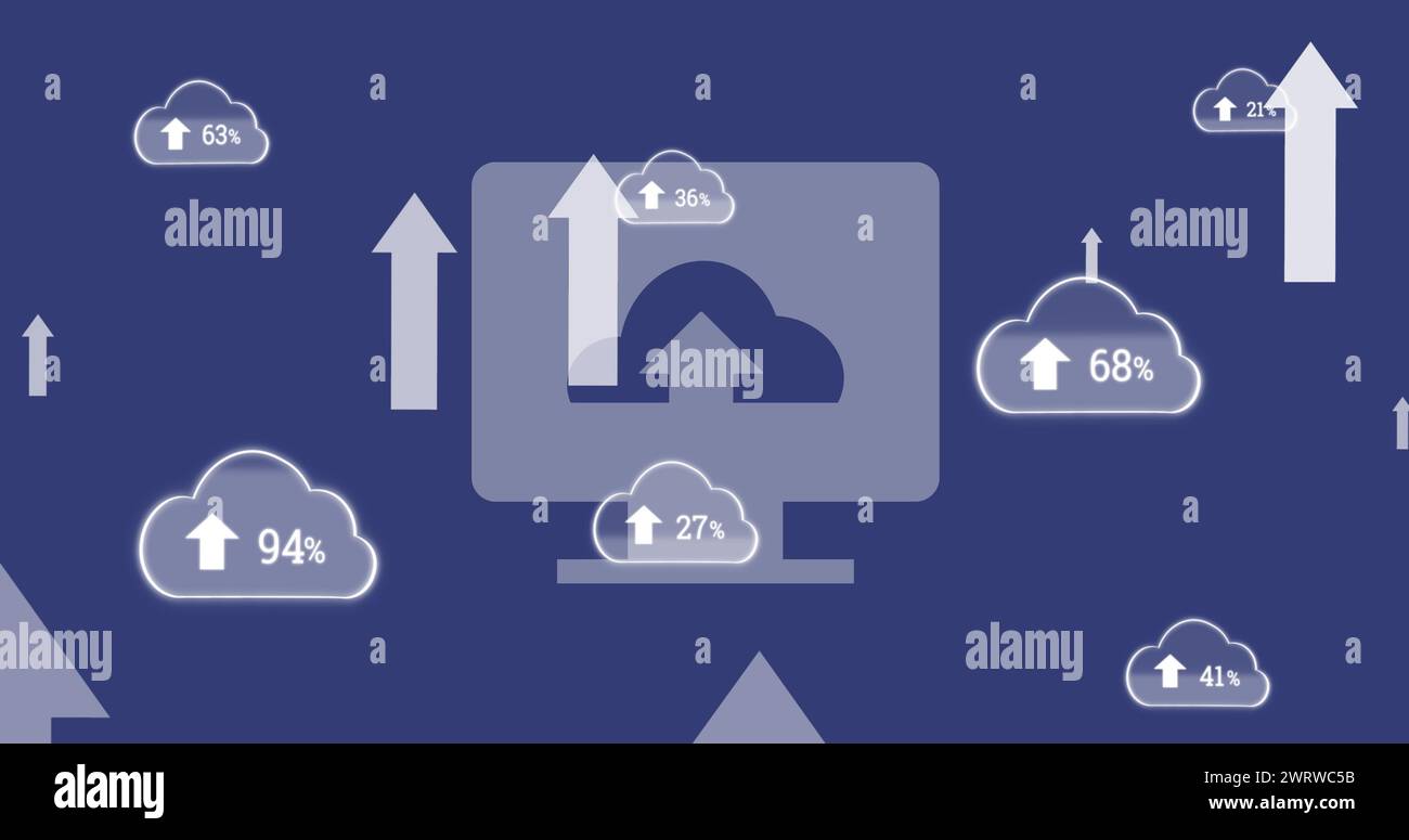 Image de flèches et de nuages au-dessus de l'ordinateur Banque D'Images