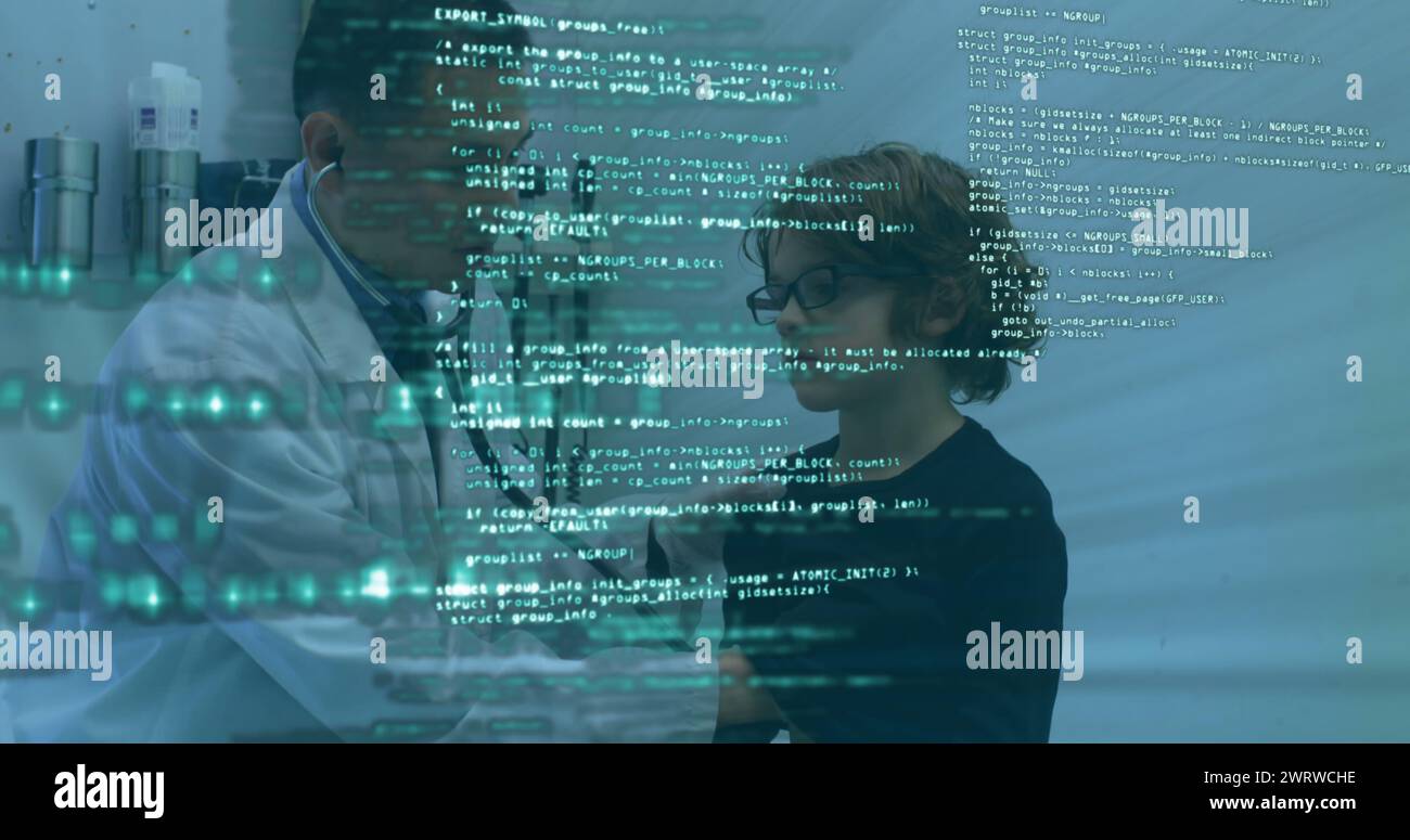 Image de données flottant à la vue d'un médecin de sexe masculin examinant un jeune patient Banque D'Images