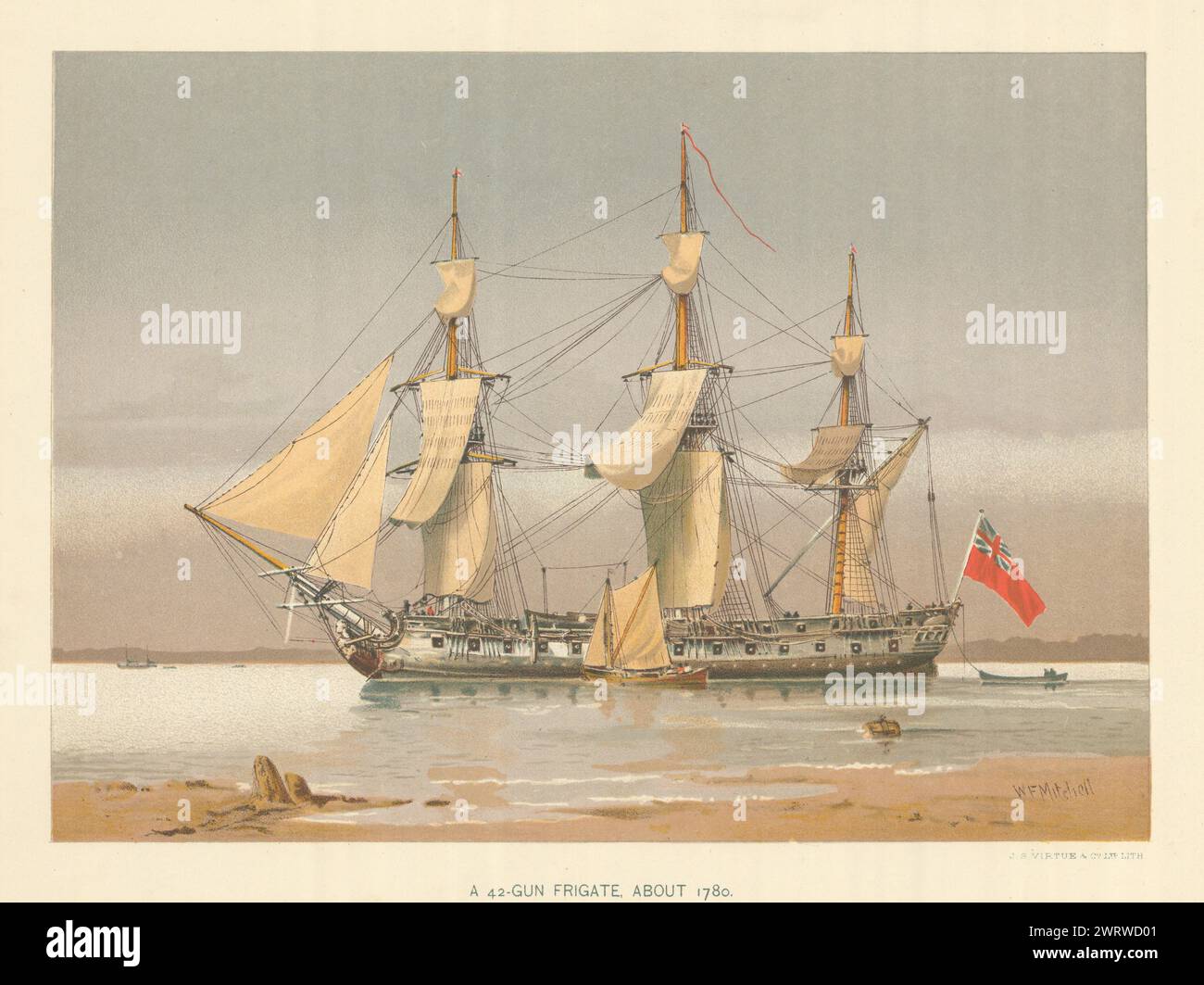 Une frégate de 42 canons environ 1780 par W.F. Mitchell. Royal Navy 1893 ancien imprimé Banque D'Images