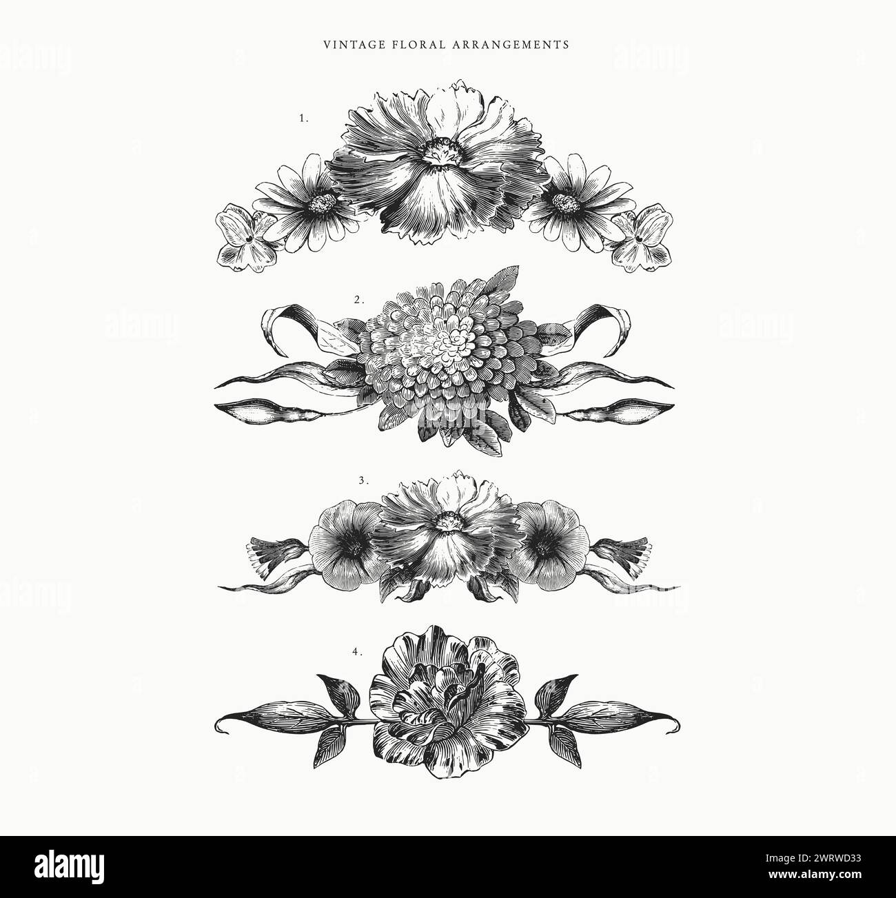 Un ensemble de 4 éléments de conception florale construits à l'aide de diverses têtes de fleurs et feuilles trouvées dans un livre antique des années 1800 Illustration de Vecteur
