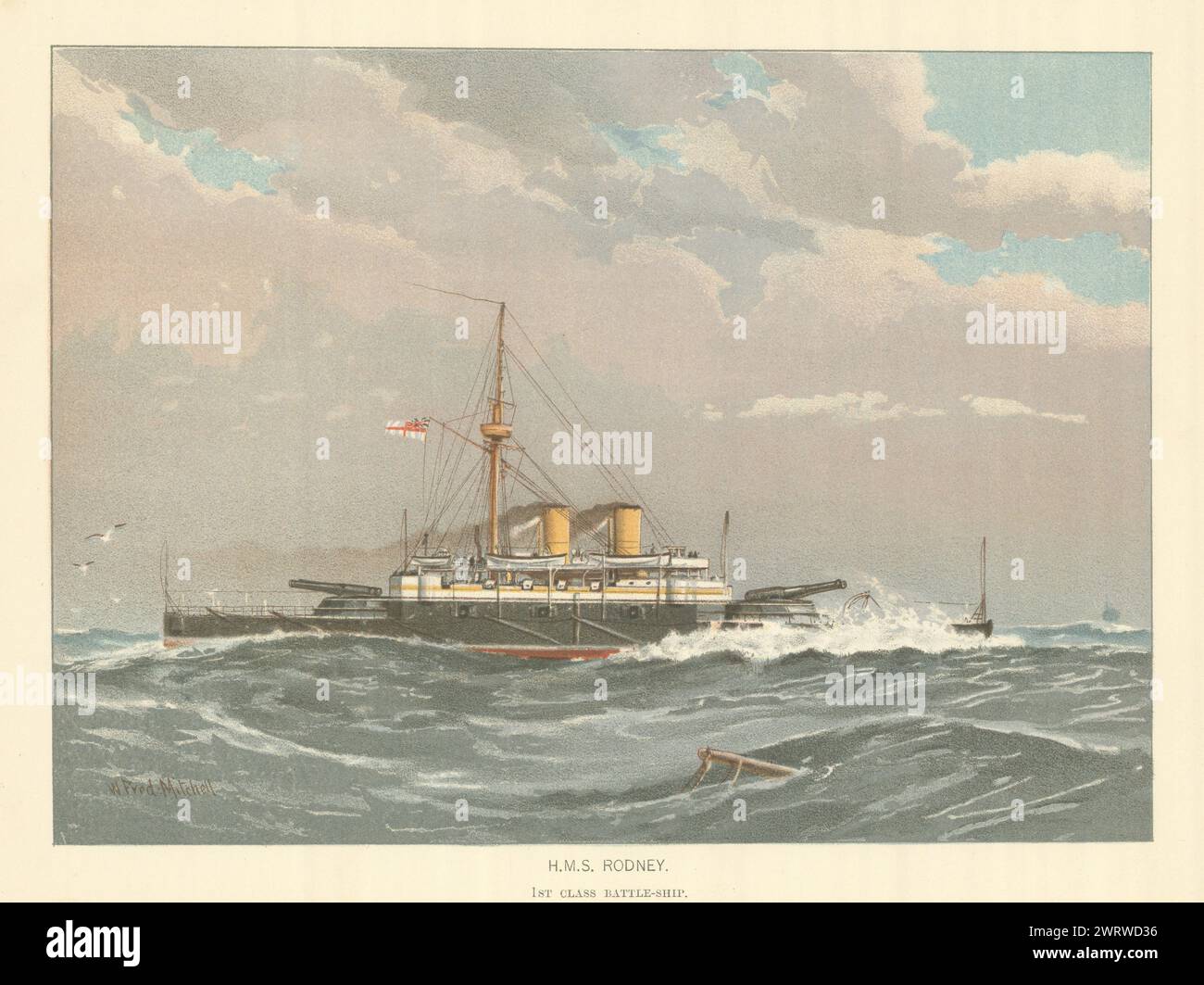 H.M.S. 'Rodney' - cuirassé de 1re classe (1884) par W.F. Mitchell. Royal Navy 1893 Banque D'Images