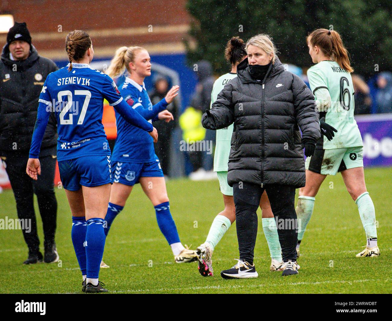 Angleterre, 10 mars 2024 : Emma Hayes, entraîneur-chef de chelsea, lors du quart de finale de la FA Cup féminine entre Everton et Chelsea au Walton Hall Park Stadium (Jayde Chamberlain/ SPP) Banque D'Images