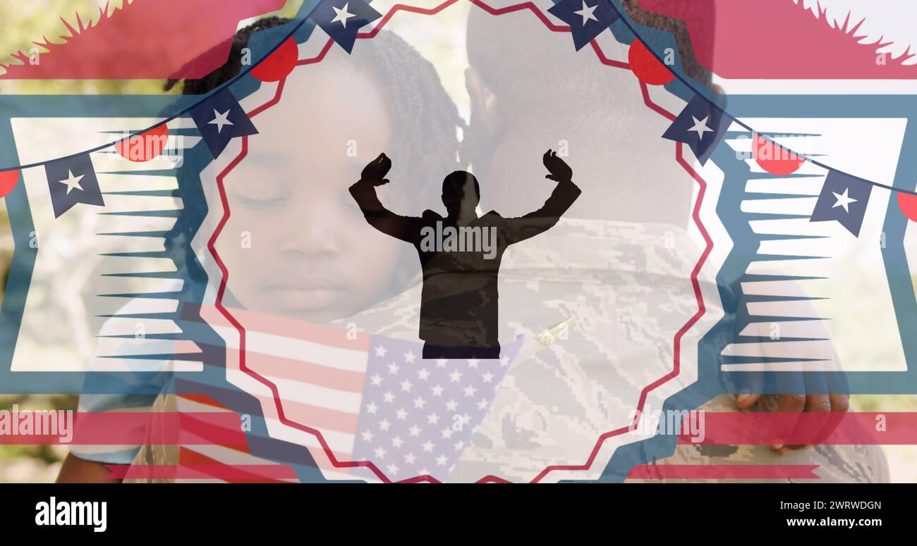 Image de cotillion, drapeaux et silhouette humaine sur père et fille afro-américains Banque D'Images