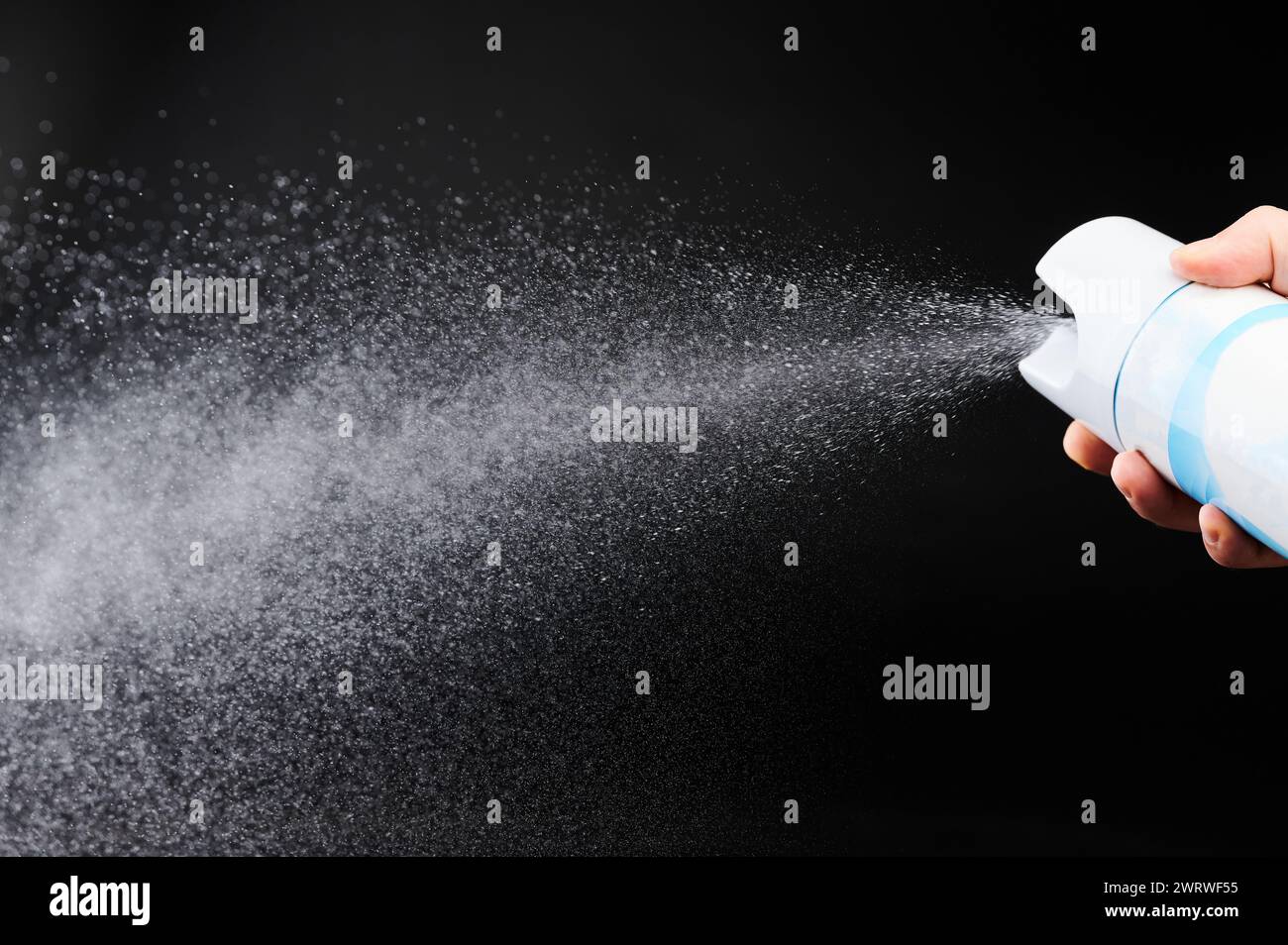 Appliquer un spray toxique sur les insectes Close Up isolé sur fond noir de studio Banque D'Images