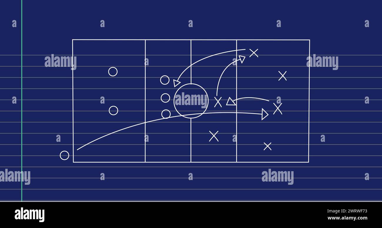 Image d'un plan de stratégie de match de football sur fond de papier ligné bleu Banque D'Images