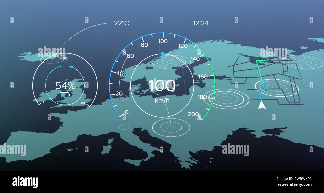 Image de l'interface de voiture sur la carte du monde sur fond noir Banque D'Images