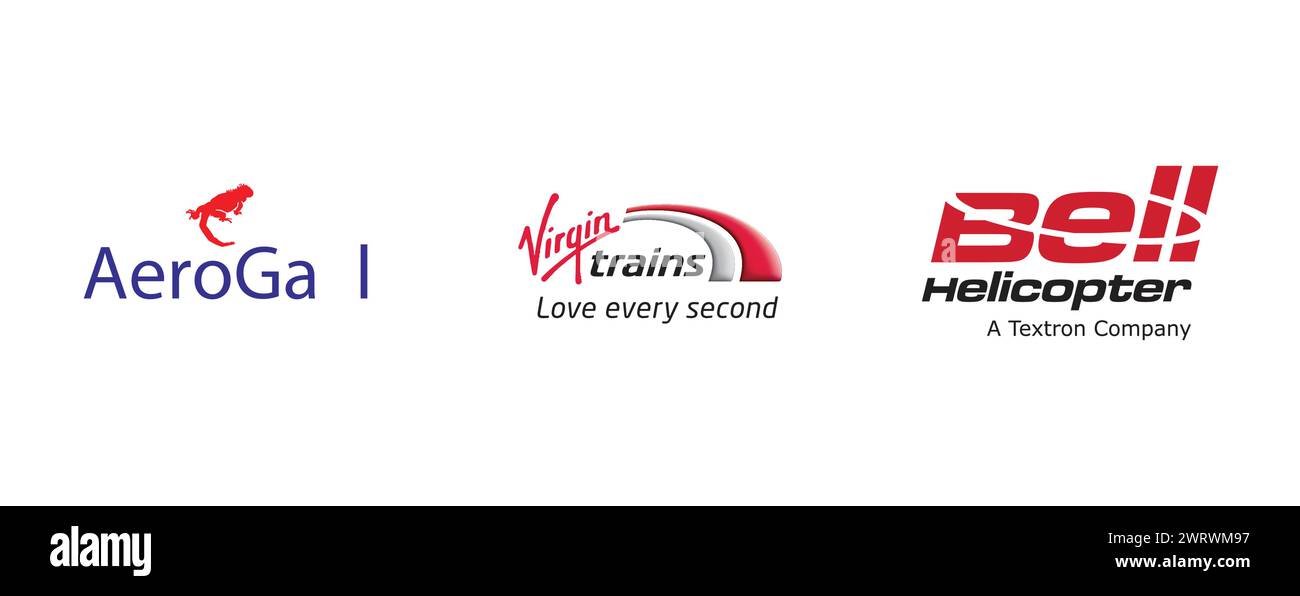 Virgin trains, Aerogal Aerolíneas Galápagos, Bell Helicopter. Collection de logo de marque vectorielle. Illustration de Vecteur