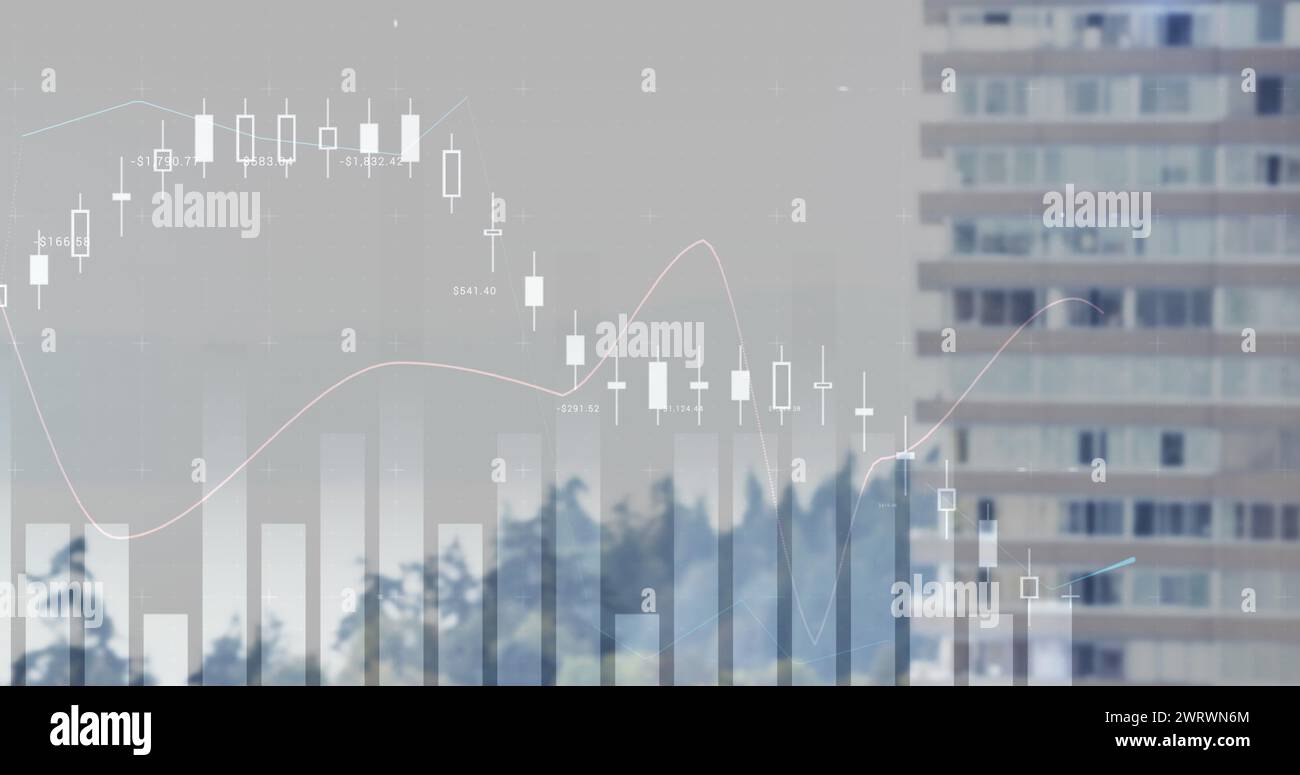 L'image numérique de différents graphiques se déplaçant à l'écran et l'arrière-plan montre un bâtiment 4k Banque D'Images