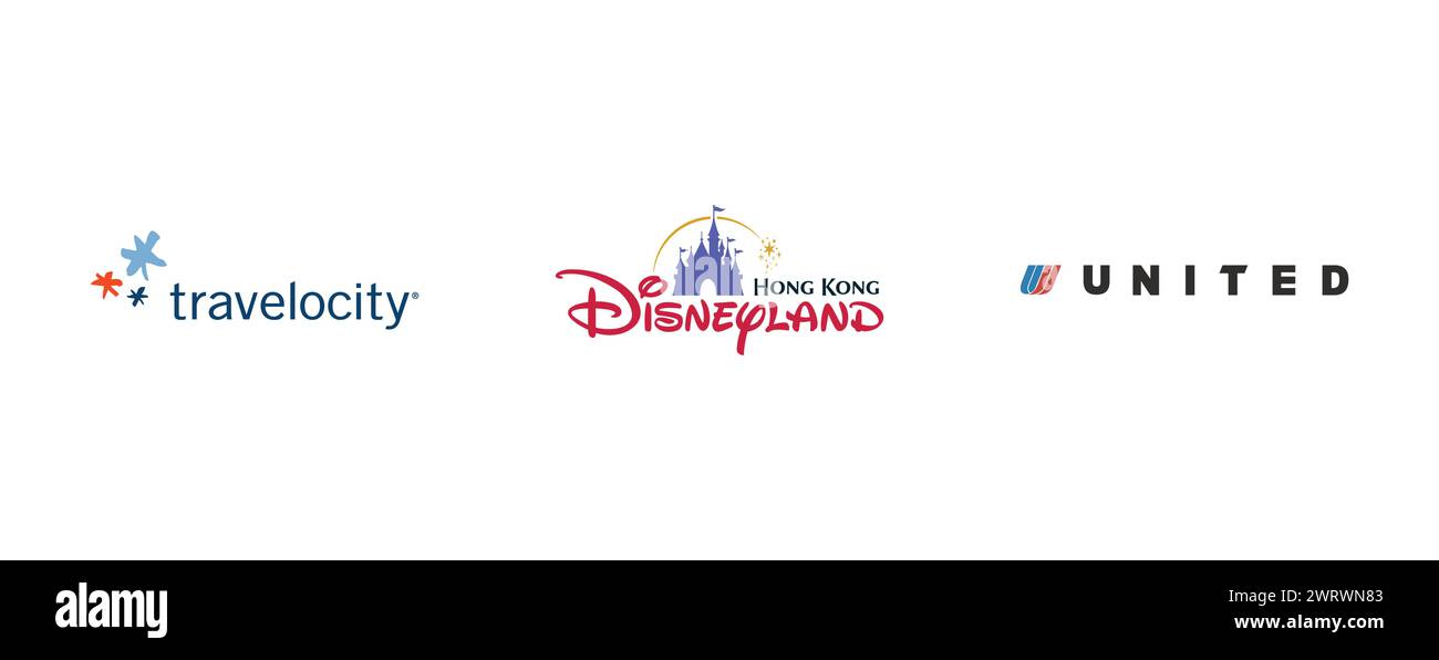 Hong Kong Disneyland, Travelocity, United Airlines. Collection de logo de marque vectorielle. Illustration de Vecteur