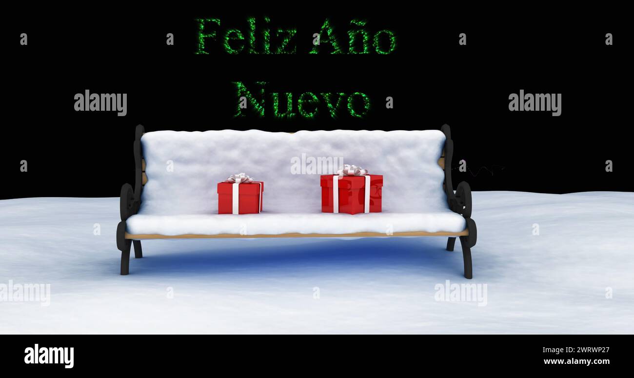 Image de feliz ano nuevo texte sur des cadeaux sur le banc couvert de neige et feux d'artifice du nouvel an la nuit Banque D'Images