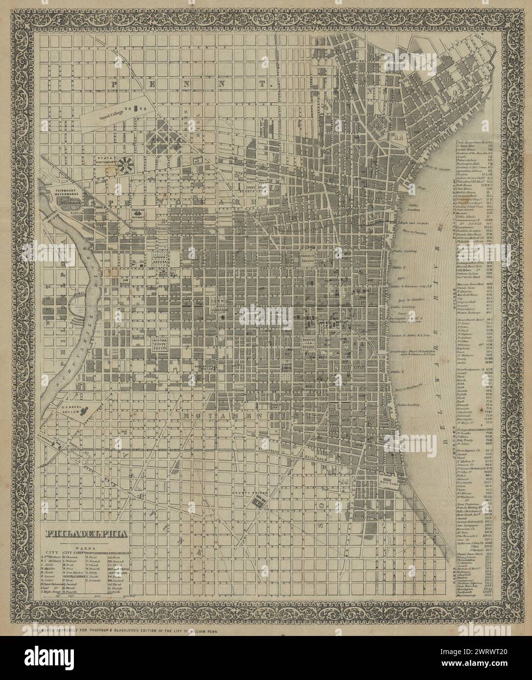 Philadelphie plan de ville par Bradshaw & Blacklock 1849 carte ancienne antique Banque D'Images