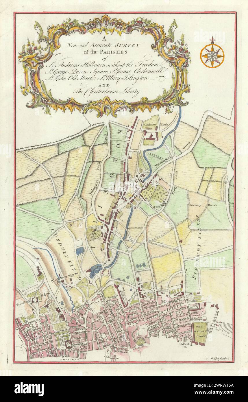 Paroisses de St Andrews, Holbourn… Clerkenwell Old Street Islington COLE 1756 carte Banque D'Images