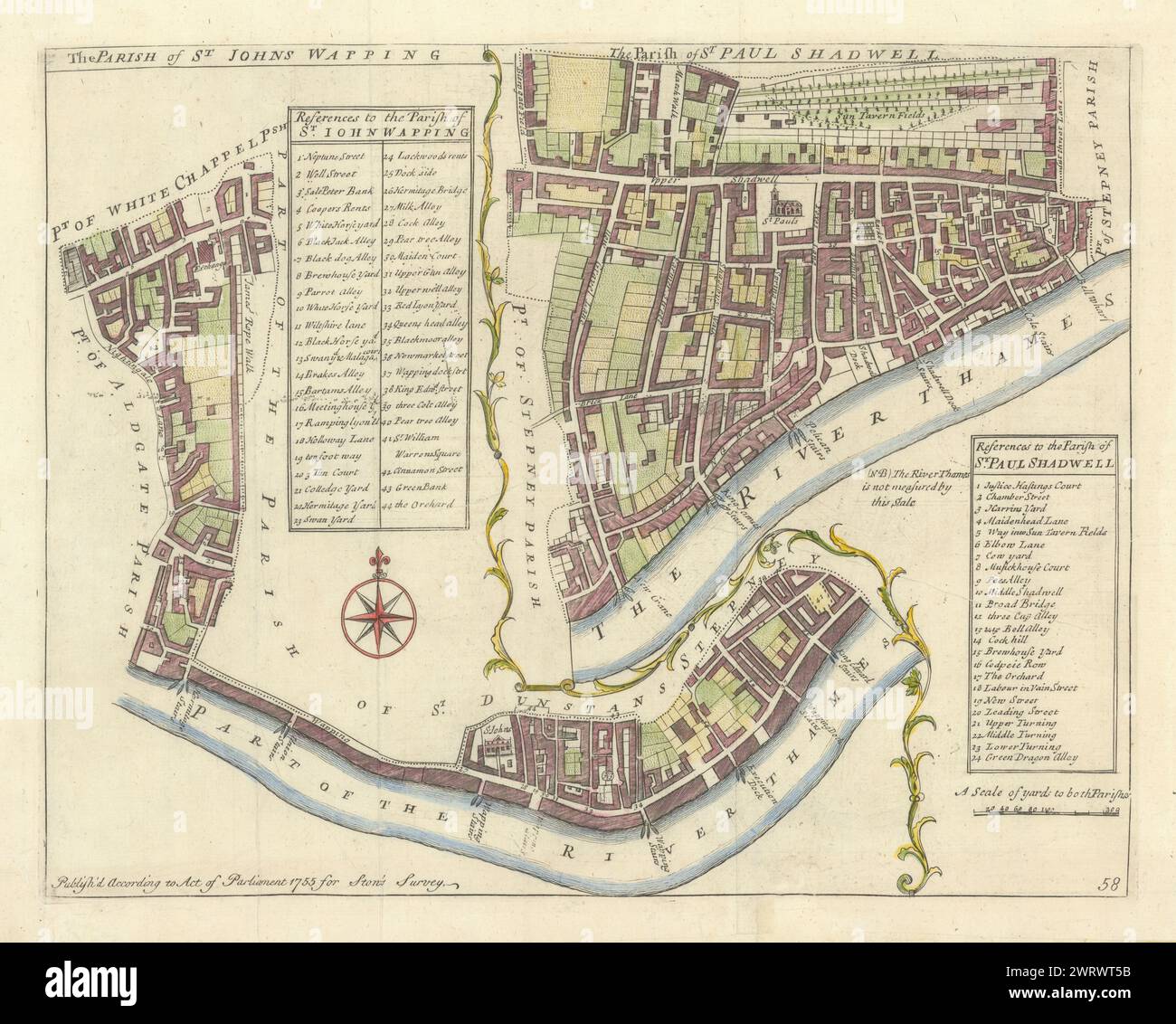 Les paroisses de St John's, Wapping & St Paul, Shadwell. Carte STOW/STRYPE 1755 Banque D'Images