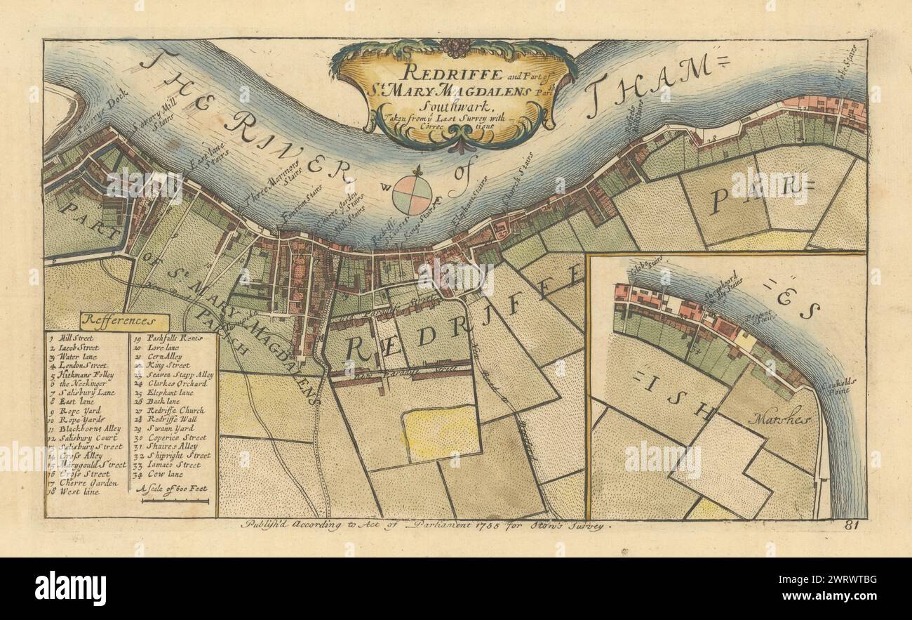Redriffe &… Paroisse Sainte-Marie-Madeleine. Carte Rotherhithe Bermondsey STOW/STRYPE 1755 Banque D'Images