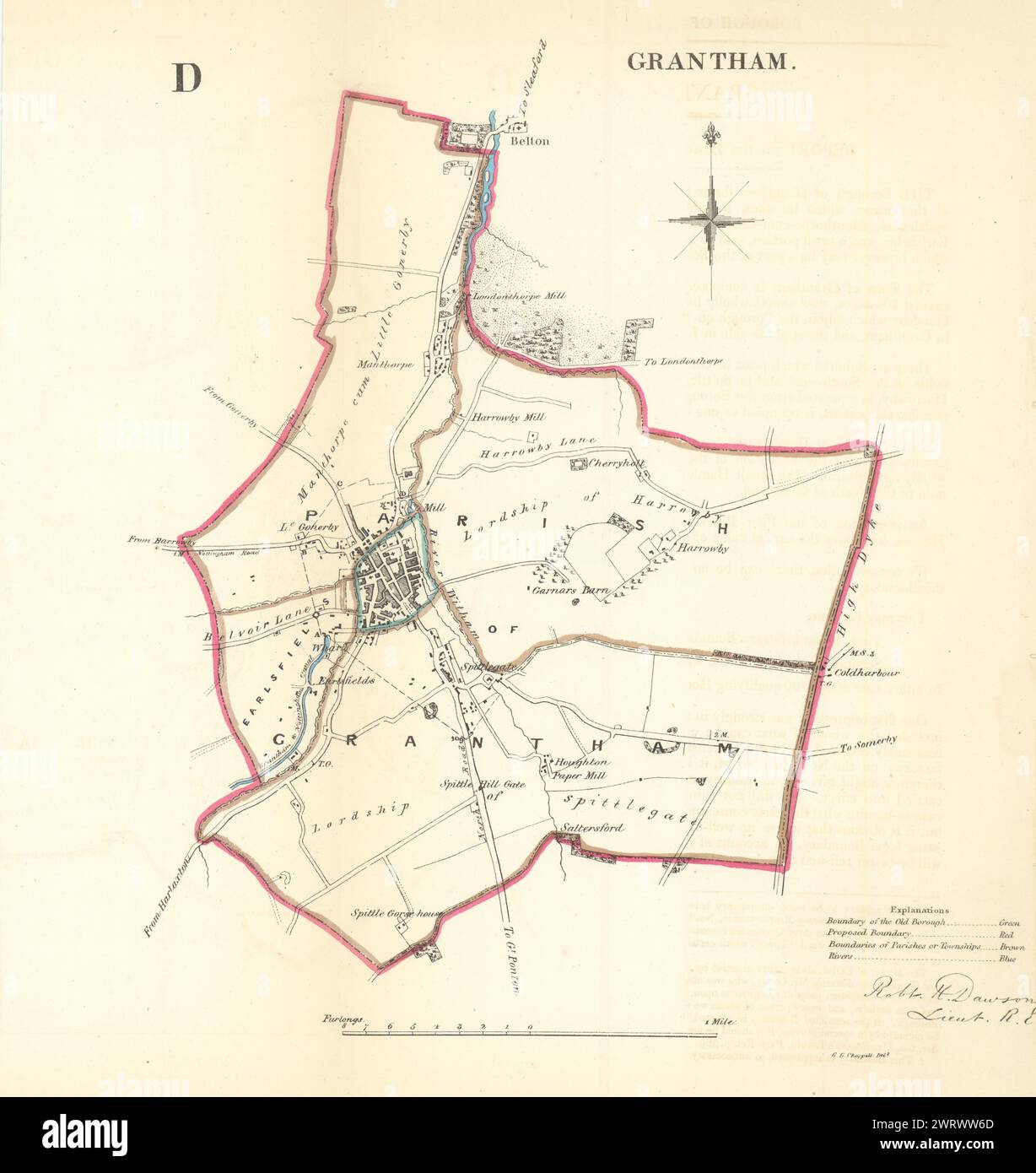 Ville/quartier GRANTHAM plan. La LOI SUR LA RÉFORME. Manthorpe Belton. DAWSON 1832 carte ancienne Banque D'Images
