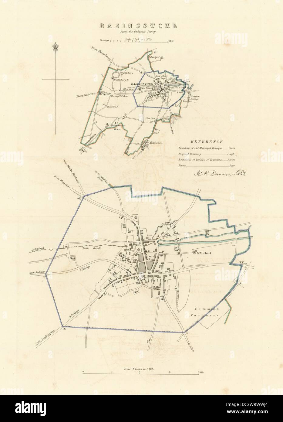 Arrondissement de Basingstoke/plan de la ville. COMMISSION DU TRACÉ. Le Hampshire. DAWSON 1837 map Banque D'Images