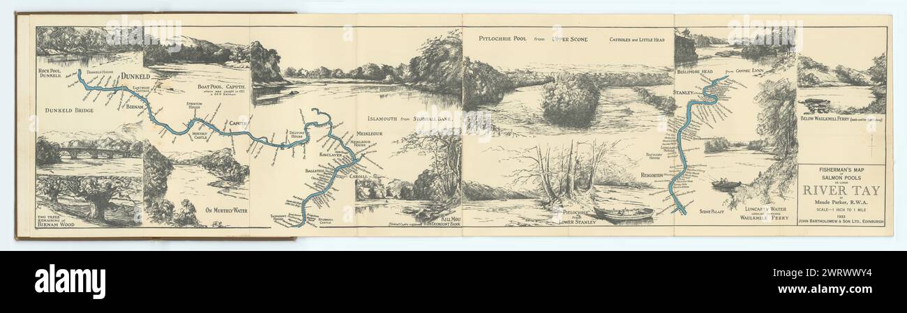 Carte des bassins de saumon de la rivière Tay, par Maude Parker, 1933 Banque D'Images