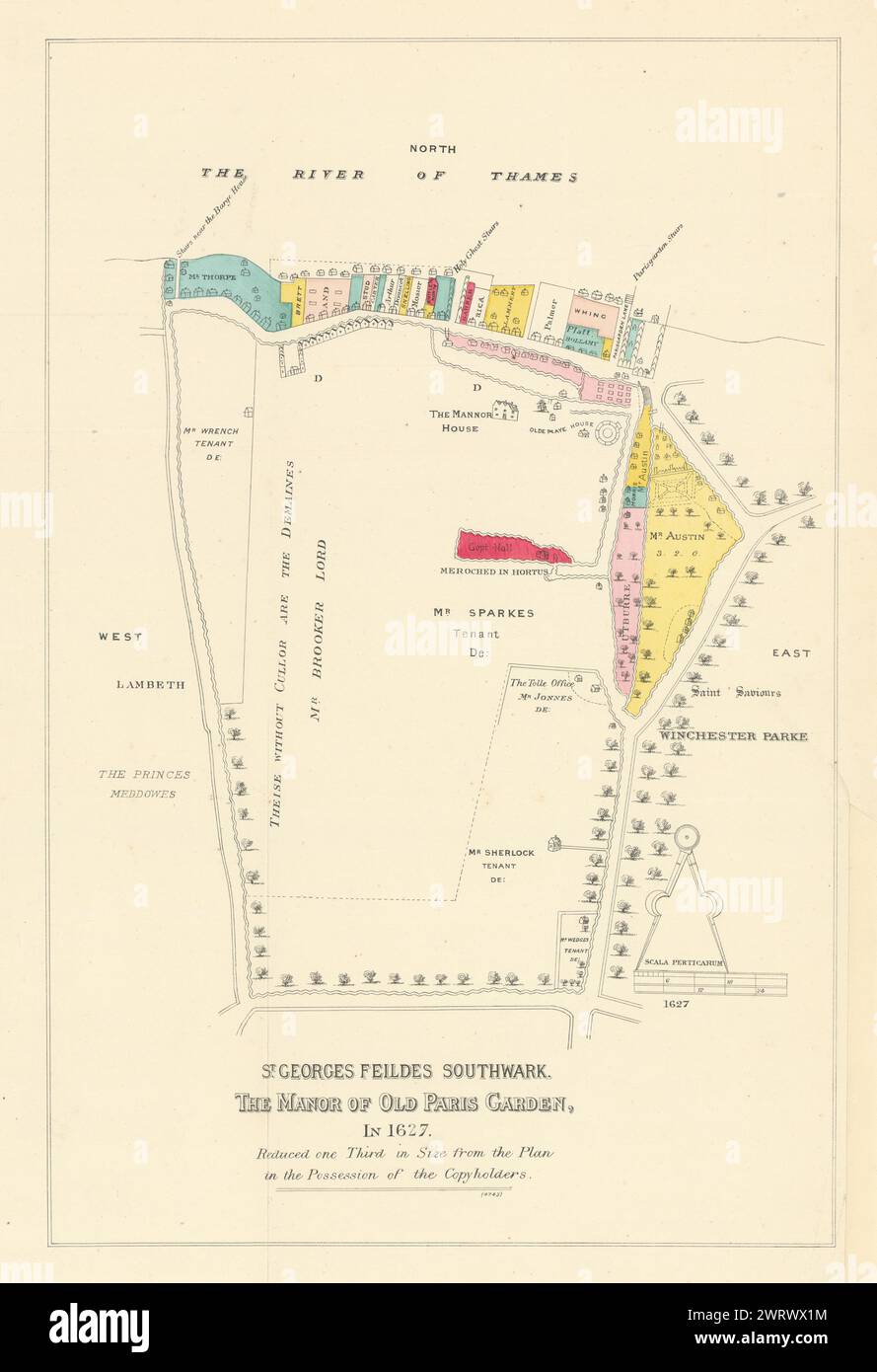 Prog Georges Feildes Southwark. Manoir du jardin du Vieux Paris en 1627 (1881) carte Banque D'Images