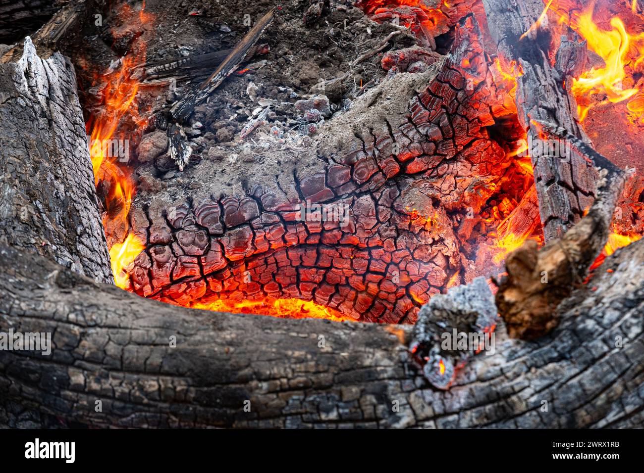 Brûler du feu de bois chaud et du charbon de bois Banque D'Images