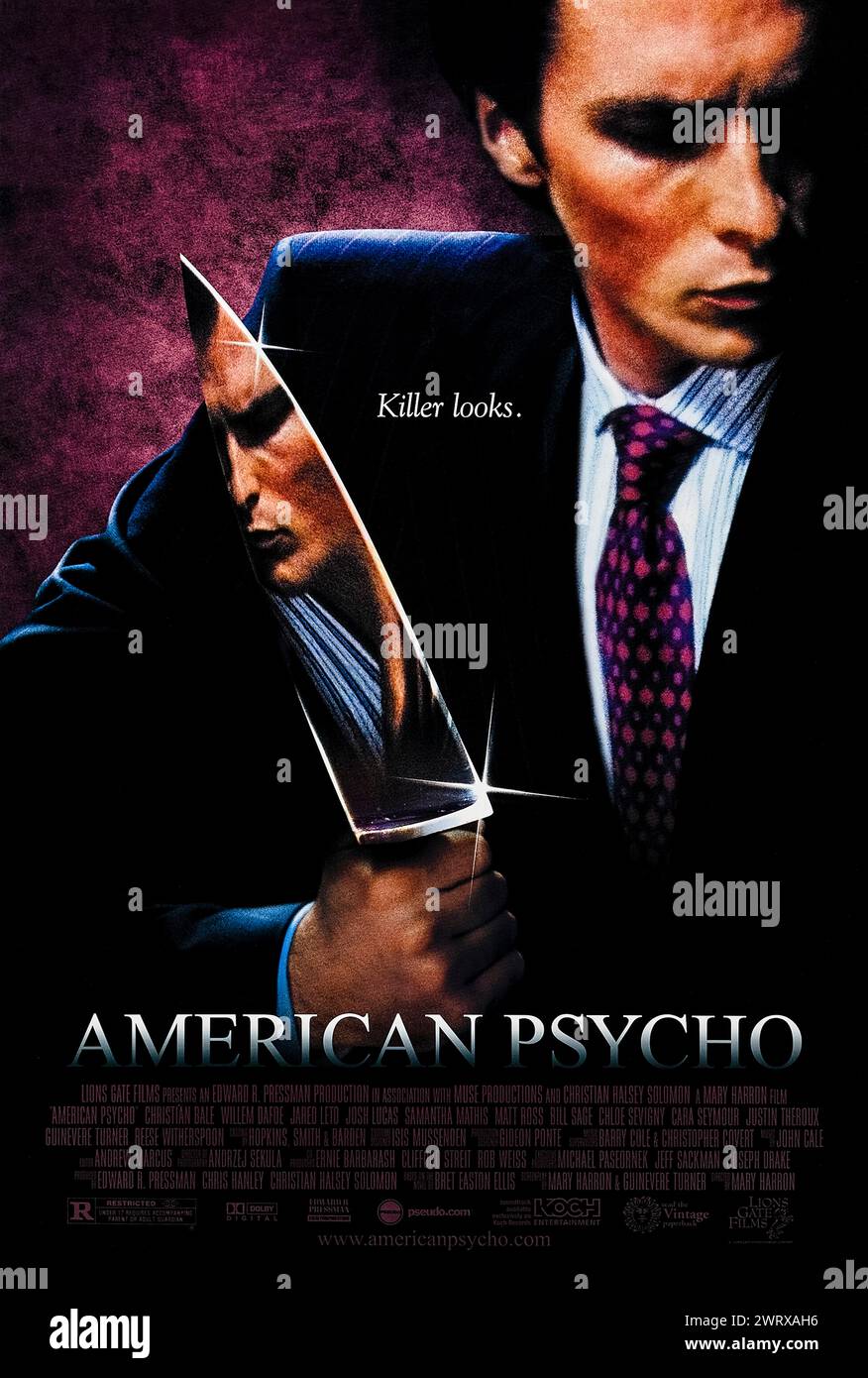 American Psycho (2000) réalisé par Mary Harron et mettant en vedette Christian Bale, Justin Theroux et Josh Lucas. Adaptation fantastique sur grand écran du roman controversé de Bret Easton Ellis sur le banquier à succès Patrick Bateman, qui est de bon goût et regarde cacher son ego psychopathique et sa propension à la violence extrême. Affiche US One Sheet ***USAGE ÉDITORIAL SEULEMENT***. Crédit : BFA / Lionsgate Banque D'Images
