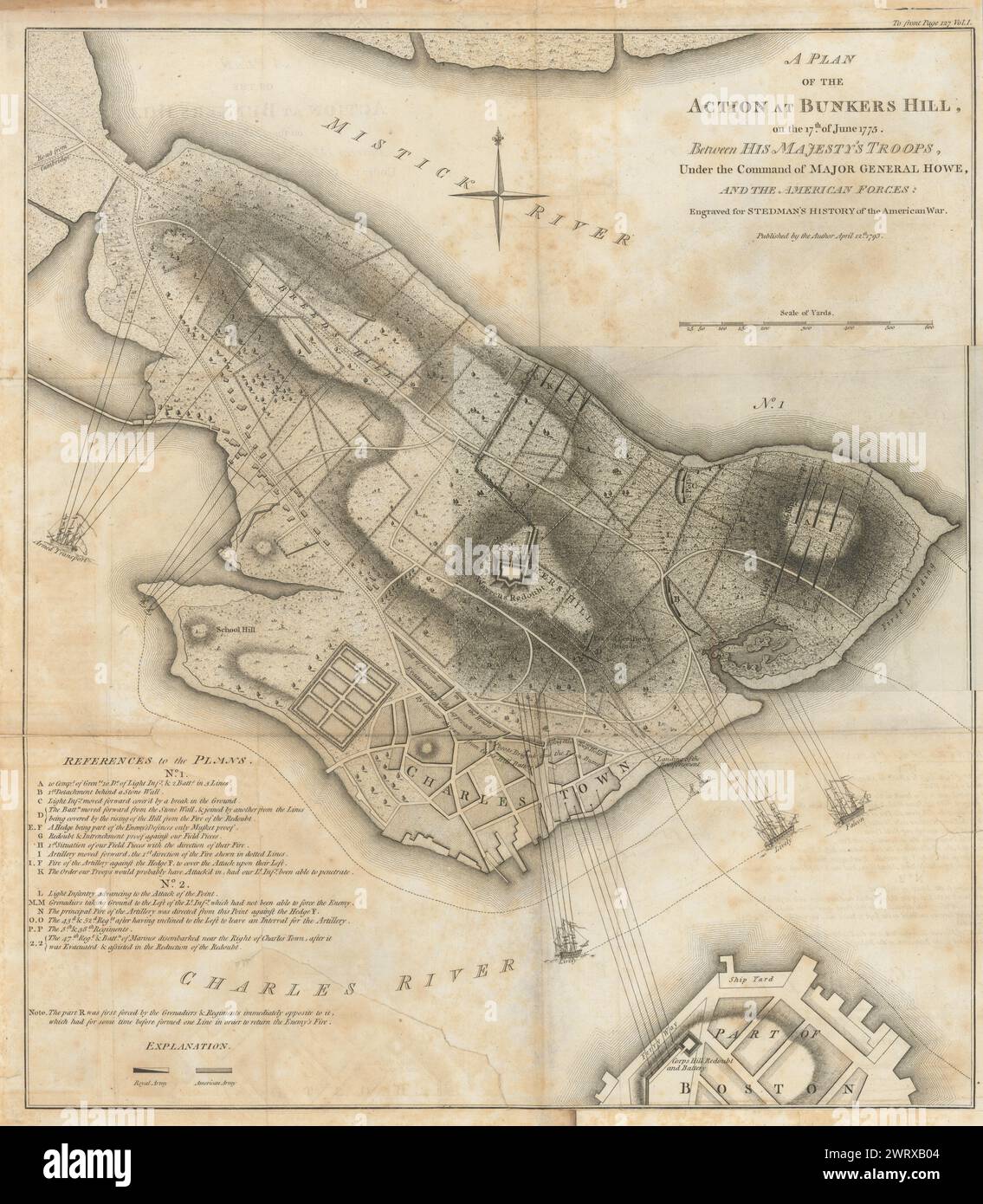 Un plan d’action à Bunkers Hill, le 17 juin 1775… Carte de FADEN/STEDMAN 1794 Banque D'Images