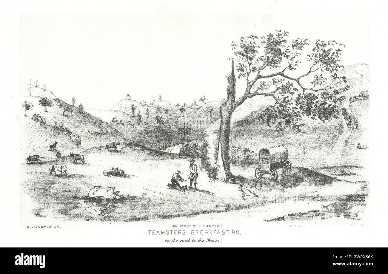 Teamsters 'déjeunant en route vers les mines", en Californie, par G. Cooper 1853 Banque D'Images
