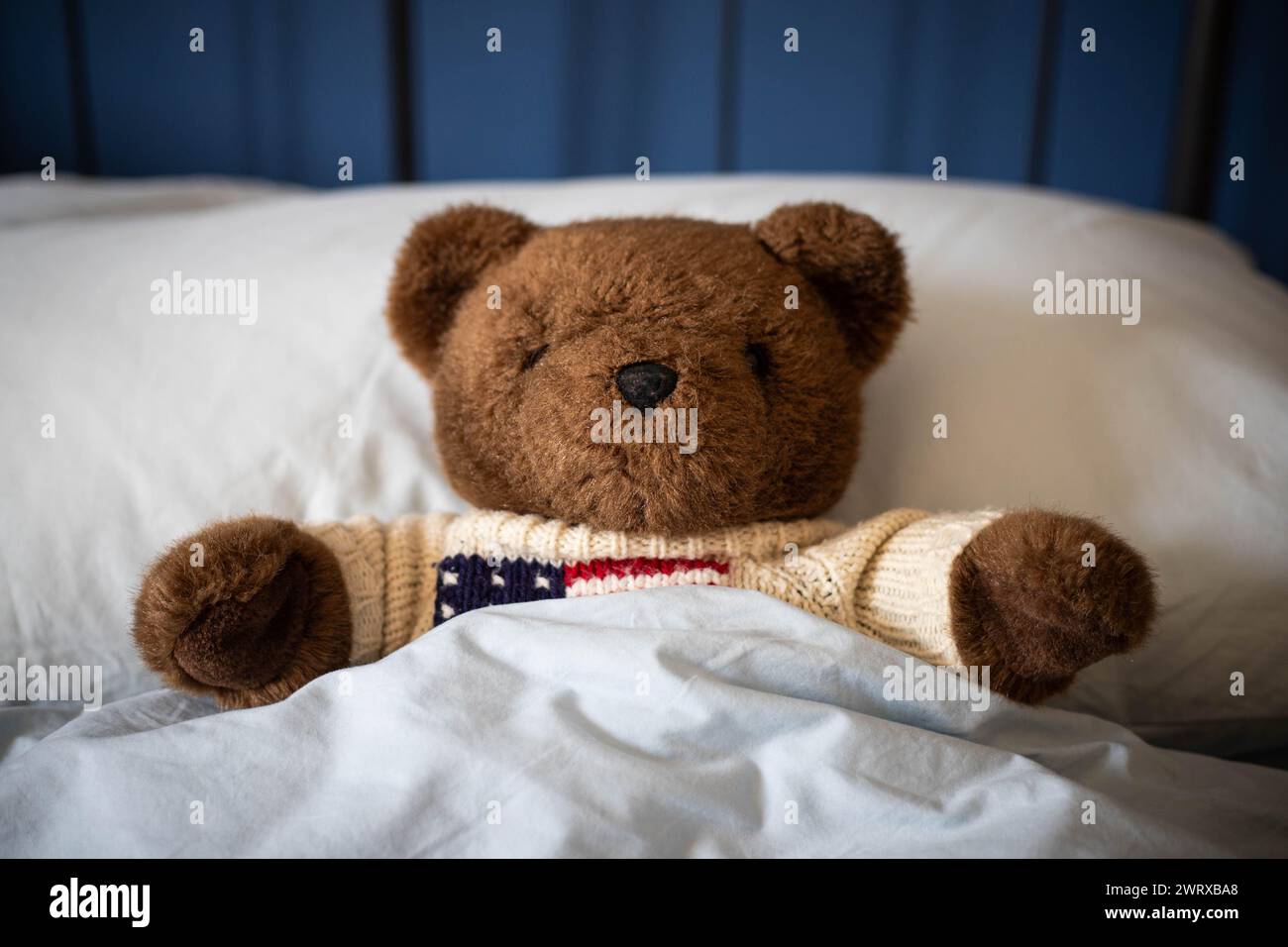 Ours en peluche brun, jouet en peluche, couché sous couvertures dans le lit des parents avec des couvertures bleues et une douce lumière du jour. Vue centrale. Banque D'Images