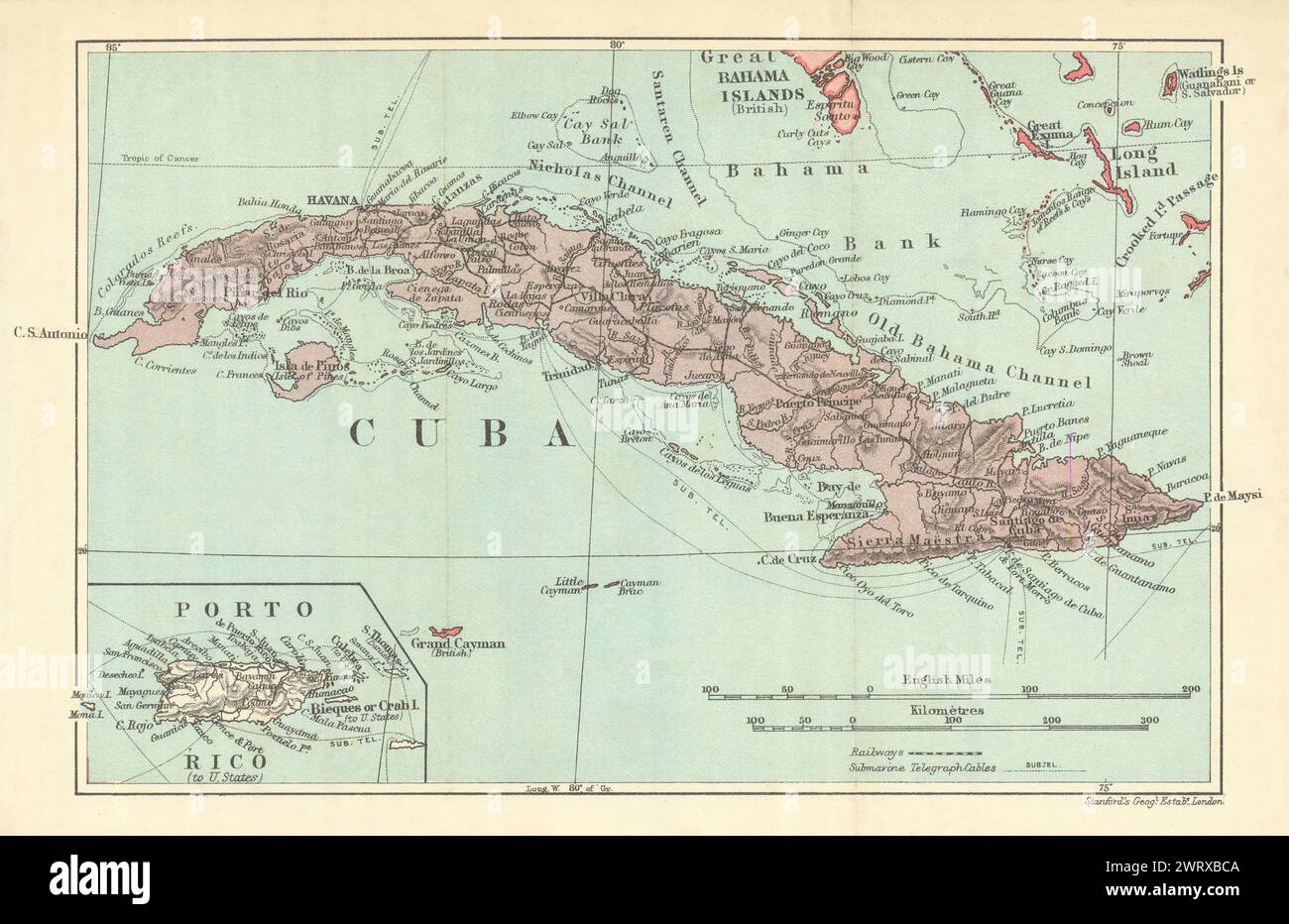 CUBA. Carte vintage. Encart Porto Rico. Antilles. Caraïbes 1910 ans Banque D'Images
