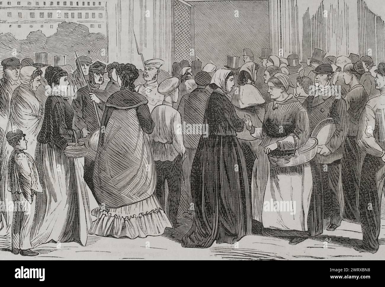 Guerre franco-prussienne (1870-1871). Siège de Paris (19 septembre 1870 au 28 janvier 1871). Entrée à l'expédition de viande de cheval pendant le siège par les Prussiens. Gravure. Historia de la Guerra de Francia y Prusia (histoire de la guerre entre la France et la Prusse). Volume II. Publié à Barcelone, 1871. Banque D'Images