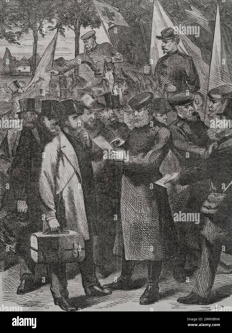 Guerre franco-prussienne (1870-1871). Siège de Paris (19 septembre 1870 au 28 janvier 1871). Résidents anglais quittant Paris. Gravure. Historia de la Guerra de Francia y Prusia (histoire de la guerre entre la France et la Prusse). Volume II. Publié à Barcelone, 1871. Banque D'Images